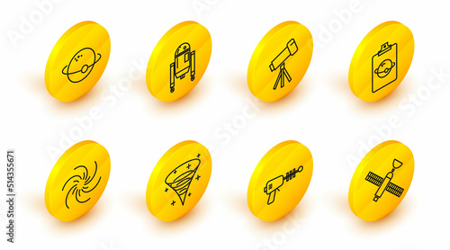Set line Satellite, Ray gun, Black hole, Planet, Telescope, Robot and icon. Vector