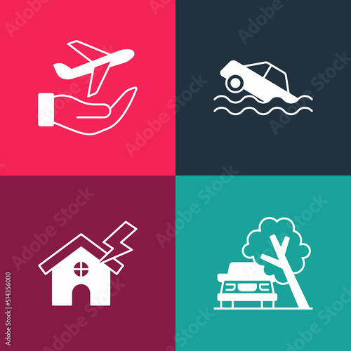 Set pop art Car damaged by fallen tree, House and lightning, Flood car and Plane hand icon. Vector
