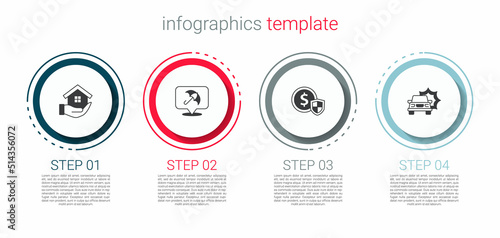 Set House in hand, Umbrella, Money with shield and Car accident. Business infographic template. Vector