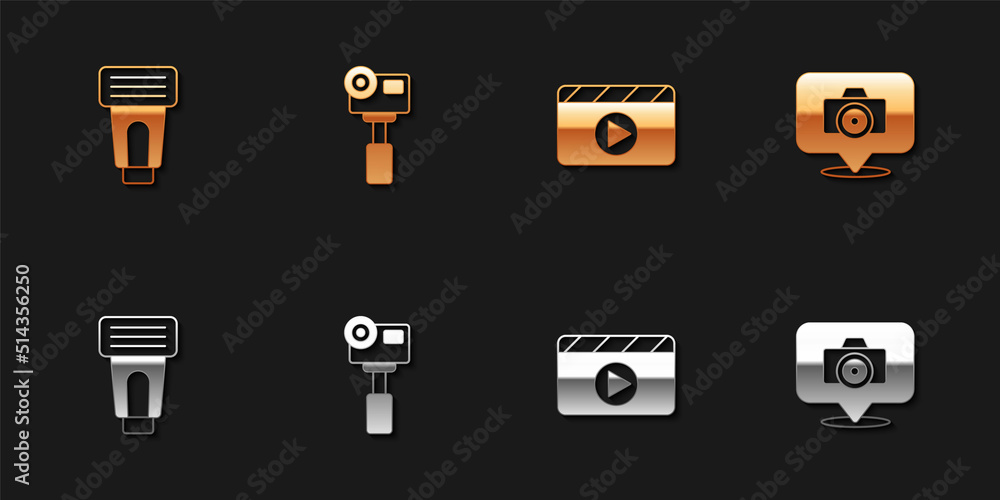 Set Photo camera flash, Action extreme, Movie clapper and icon. Vector Set Photo camera flash, Action extreme, Movie clapper and icon. Vector