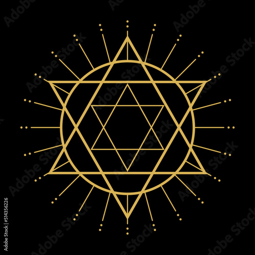 Golden magic circle with star of david and ray light flat vector icon design.