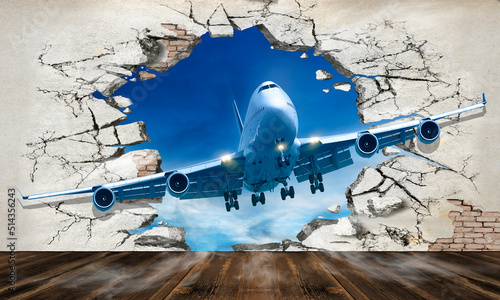 Fototapeta Naklejka Na Ścianę i Meble -  Illustration of a plane taking off through a hole in a broken wall. The departure of the plane into the room. 3d image. 3d photo wallpapers.