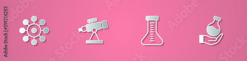 Set paper cut Virus, Telescope, Test tube and icon. Paper art style. Vector