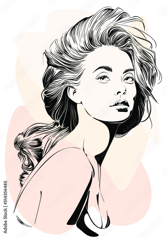 Vector drawing, graphic portrait of a beautiful girl. Facial