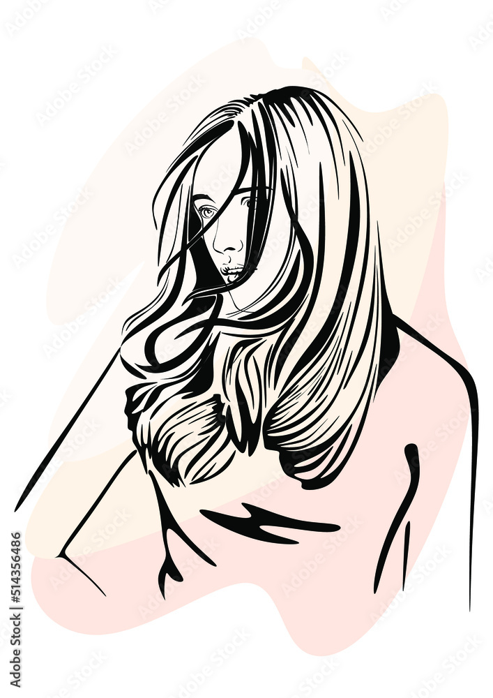 Vector drawing, graphic portrait of a beautiful girl. Facial