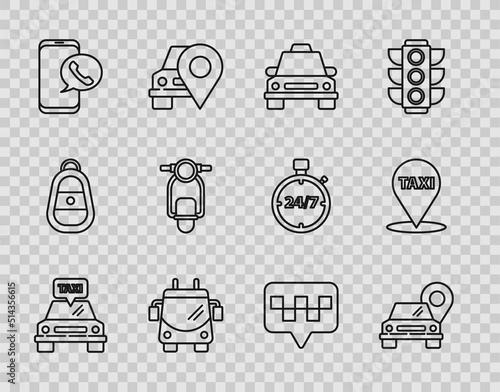 Set line Taxi car, Map pointer with taxi, Trolleybus, call telephone service, Scooter, and icon. Vector
