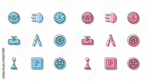 Set line Gear shifter, Parking, Steering wheel, Car, battery jumper power cable, mirror and High beam icon. Vector