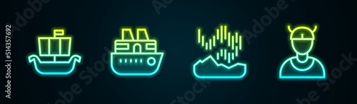Set line Viking ship Drakkar, Cruise, Northern lights and head. Glowing neon icon. Vector
