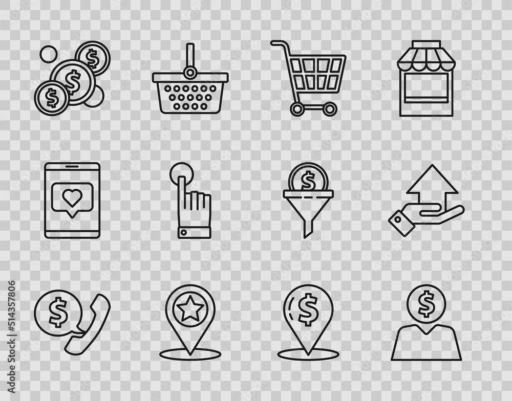 Set line Telephone handset and speech bubble chat, Business man planning mind, Shopping cart, Map pointer with star, Coin money dollar, Hand touch tap gesture, Cash location and Money icon. Vector Set line Telephone handset and speech bubble chat, Business man planning mind, Shopping cart, Map pointer with star, Coin money dollar, Hand touch tap gesture, Cash location and Money icon. Vector