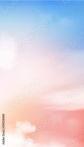 Vector Sky background with fluffy clouds,Vertical banner fantacy cloud sky with pastel tone in blue,pink,orange in Autumn morning,Roamatic sunnset sky in winter,Beautiful nature background for mobile photo