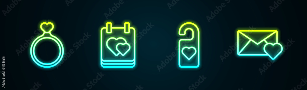Set line Wedding rings, Calendar with heart, Please do not disturb and Envelope Valentine. Glowing neon icon. Vector Set line Wedding rings, Calendar with heart, Please do not disturb and Envelope Valentine. Glowing neon icon. Vector