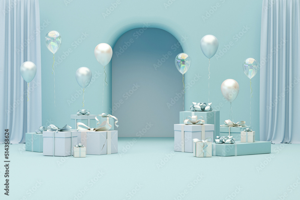 Minimal scene with gift boxes and balloons. Photo studio blue and white blank backdrop. 3D rendering for web page, celebration or holiday, picture frame backgrounds.
Minimal scene with gift boxes and balloons. Photo studio blue and white blank backdrop. 3D rendering for web page, celebration or holiday, picture frame backgrounds.