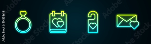 Set line Wedding rings, Calendar with heart, Please do not disturb and Envelope Valentine. Glowing neon icon. Vector