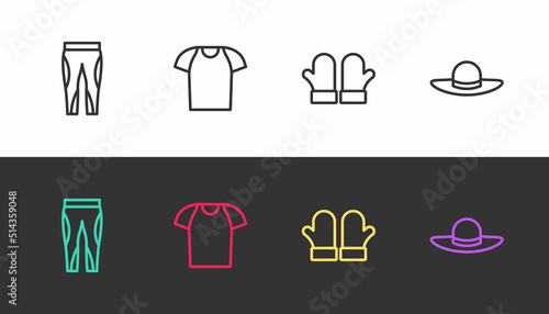 Set line Leggings, T-shirt, Christmas mittens and Elegant women hat on black and white. Vector