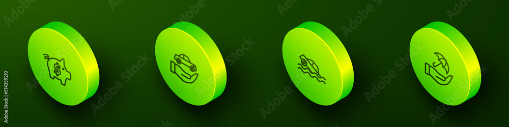 Set Isometric line Piggy bank, Car insurance, Flood car and Umbrella hand icon. Vector Set Isometric line Piggy bank, Car insurance, Flood car and Umbrella hand icon. Vector