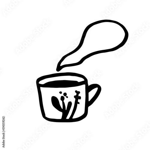 Hand-drawn teacup with hot tea. Vector illustration