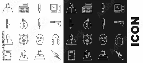 Set line Sniper rifle with scope, Judge wig, Pistol or gun silencer, Pen, Money bag, Police rubber baton, Anonymous question mark and Feather pen icon. Vector