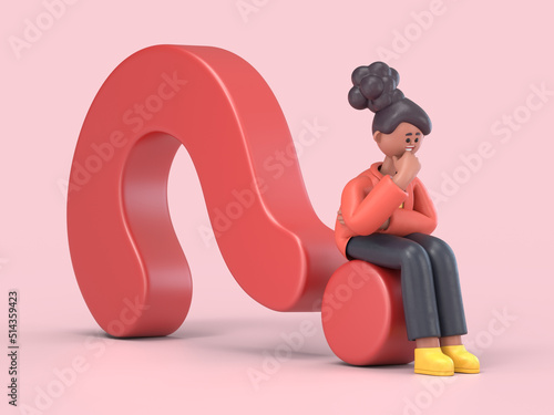 3D illustration of smiling african american woman Coco looks for an idea lying on a red question mark,3D rendering on Pink background.
