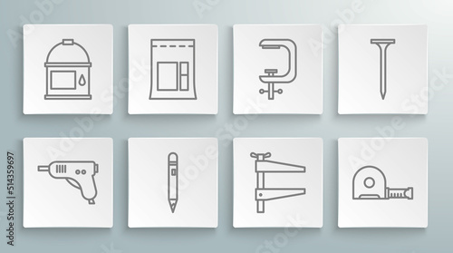 Set line Electric hot glue gun, Cement bag, Pencil with eraser, Clamp tool, Roulette construction, and screw, Metallic nail and Paint bucket icon. Vector