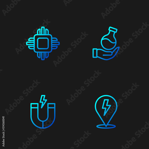 Set line Lightning bolt, Magnet, Processor CPU and Test tube. Gradient color icons. Vector