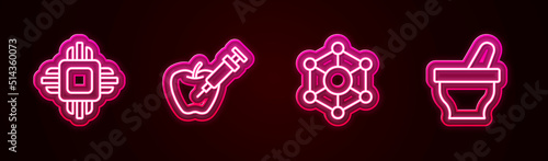Set line Processor CPU, Genetically modified apple, Molecule and Mortar and pestle. Glowing neon icon. Vector