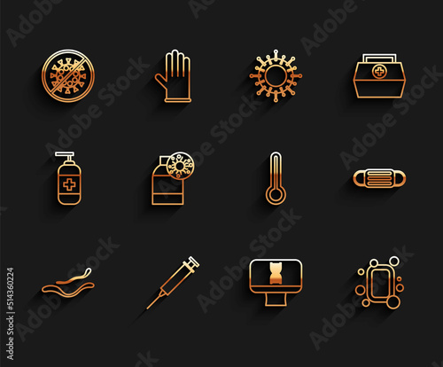 Set line Ebola virus disease, Syringe, Stop, DNA spiral and computer, Bar of soap, Bottle with, Medical protective mask and thermometer icon. Vector
