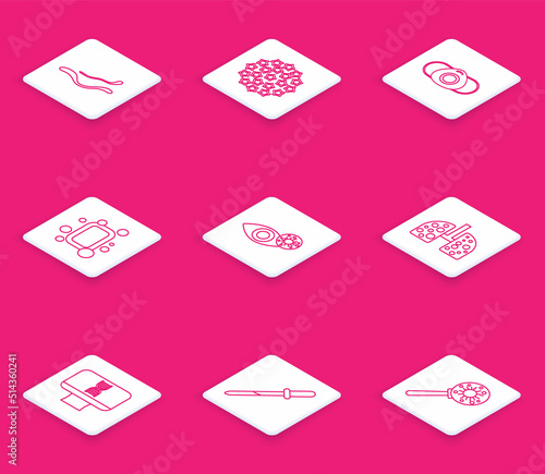 Set line Ebola virus disease, Virus, Medical protective mask, Bar of soap, Reddish eye due to, cells in lung, DNA spiral and computer and Pipette icon. Vector