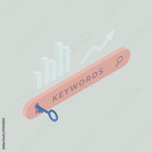Long-tail and semantically related keyword research concept. Keyword Ranking with search bar and chart icons. Selection and analysis popular search terms with search engine optimization