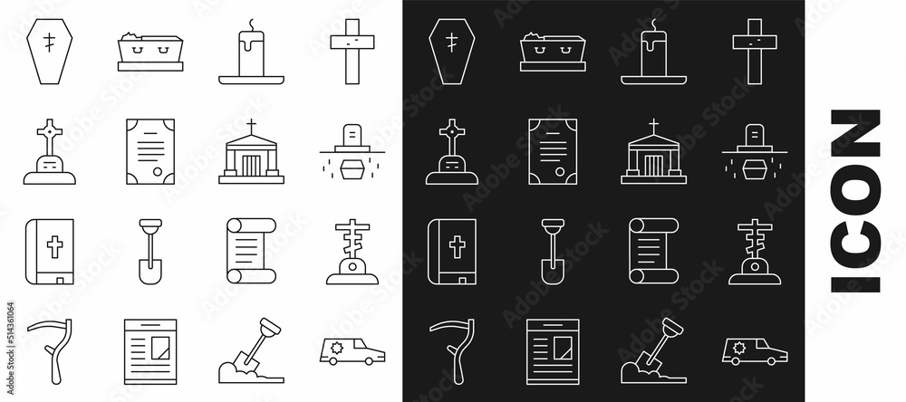 Set line Hearse car, Grave with cross, coffin, Burning candle, Death certificate, Coffin and Old crypt icon. Vector