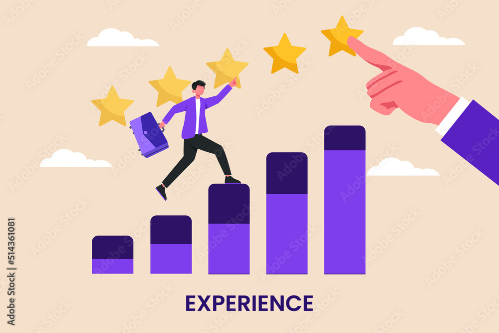 Businessman uses graphics to get 5 stars. Higher the experience of the entrepreneur the higher the level. Job training Concept. Flat vector illustration isolated. Businessman uses graphics to get 5 stars. Higher the experience of the entrepreneur the higher the level. Job training Concept. Flat vector illustration isolated.