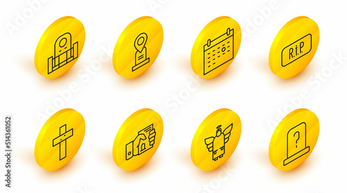 Set line Grave with tombstone, Christmas angel, Death certificate in hand, Christian cross, Speech bubble rip death, Calendar, Location grave and icon. Vector