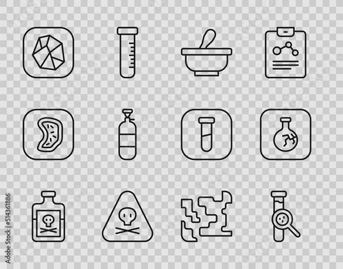 Set line Poison in bottle, Test tube and flask, Mortar pestle, Triangle warning toxic, Salt stone, Propane gas tank, Gaseous and Cracked icon. Vector