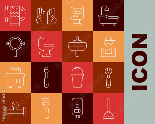 Set line Rubber plunger, Wrench spanner, Plumber, Pressure water meter, Toilet bowl, Filter wrench, Heated towel rail and Washbasin icon. Vector