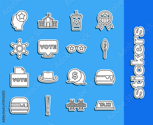 Set line Taxi car roof, Burger, Indian feather, Paper glass with straw, Vote, Hexagram sheriff, USA Head and Glasses stars icon. Vector