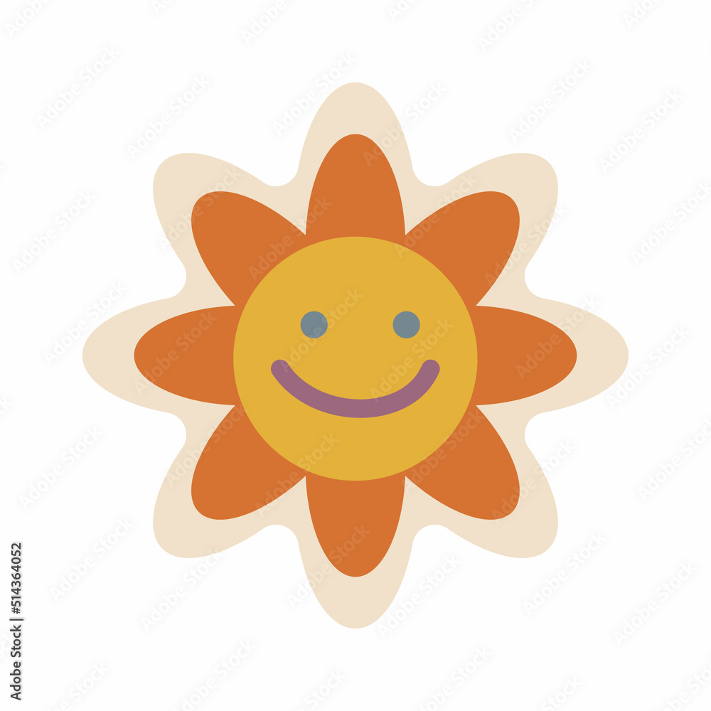 Fototapeta premium Aesthetics of the seventies, fun groovy flower sticker. Smiling floral emoji. Graphic element. Retro design, muted colors, strokes.