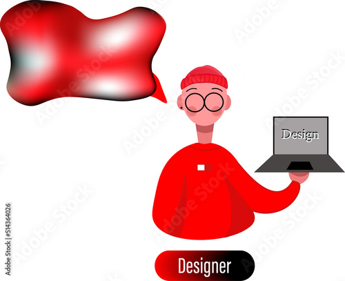 Designer boy in red style with laptop, freelance, in oversize clothes 