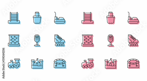 Set line Toy train, Sand castle, Swedish wall, Jumping trampoline, Trash can, Roller skate, Climbing and bucket icon. Vector