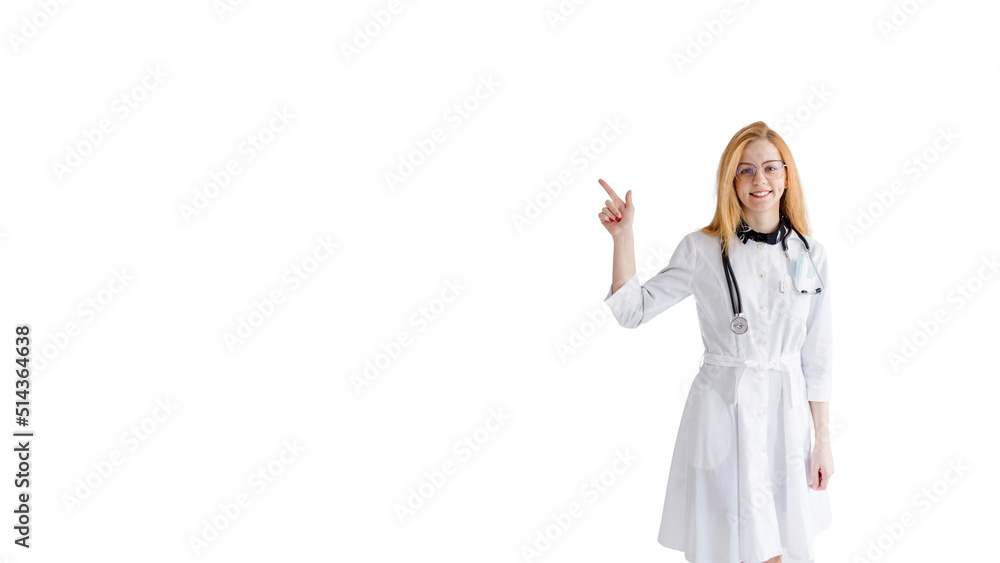 a doctor girl with red hair points her finger to the side on a white background isolated background is the place for the inscription. a doctor girl with red hair points her finger to the side on a white background isolated background is the place for the inscription.