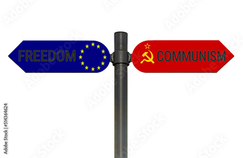 Fotografi an indicator with freedom in one direction and communism in the other
