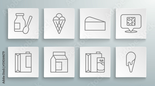 Set line Paper package for kefir, Ice cream in waffle cone, milk, Cheese, and Drinking yogurt bottle icon. Vector
