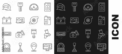 Set line Diagnostics condition of car, Paint spray gun, Canister for motor oil, Speedometer, Car battery, service and Automotive turbocharger icon. Vector