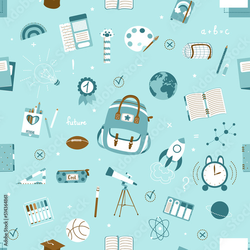Seamless pattern on school theme, set of school tools, set of education icons, back to school, stationery for schoolboy, school backpack, student, student notebooks, back to school, colored pencils	