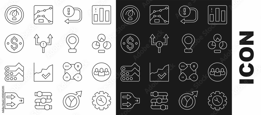 Set line Wrench and gear, Project team base, Pie chart infographic, Arrow, Dollar symbol, Digital speed meter and Location icon. Vector Set line Wrench and gear, Project team base, Pie chart infographic, Arrow, Dollar symbol, Digital speed meter and Location icon. Vector
