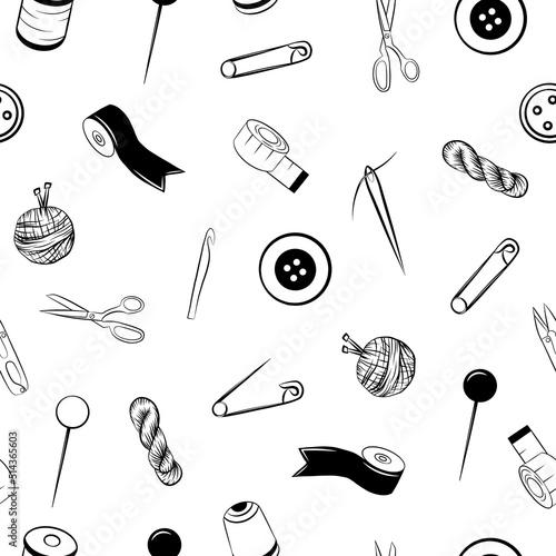 Handmade tools seamless pattern, outline graphic icon set, isolated simple shape, sewing needle roulette ribbon pin scissors yarn hook knitting thread ravel embroidery craft, doodle fabric print.