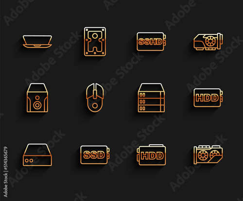 Set line Server, Data, Web Hosting, SSD card, Laptop, Hard disk drive HDD, Video graphic, Computer mouse, and icon. Vector