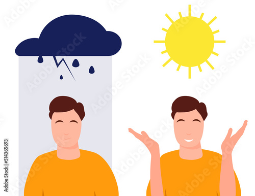 Young man character, depressed upset and happy mood, mental health concept, vector isolated flat illustration, optimist and pessimist, positive and negative emotion thinking. Person portrait set.
