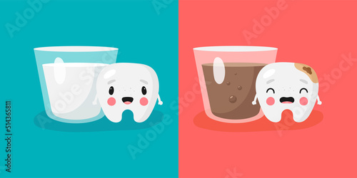 Poster about dental hygiene in cartoon style. The illustration shows funny tooth, harmful and healthy drink for him. Dental concept for children dentistry and orthodontics. Vector illustration.