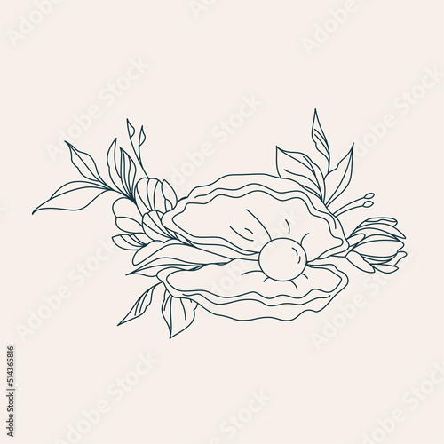 Shell with a pearl in flowers. Logo template in linear style. Esoteric illustration for astrologer, shop, beauty salon