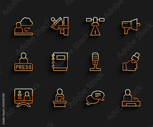 Set line Television report, Breaking news, Weather forecast, Speech bubble chat, Notebook, Journalist and Microphone icon. Vector