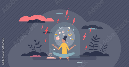 Positive psychology as calm attitude for inner peace tiny person concept. Life harmony with optimism and focus on good things vector illustration. Improvement on mental health after patient therapy.